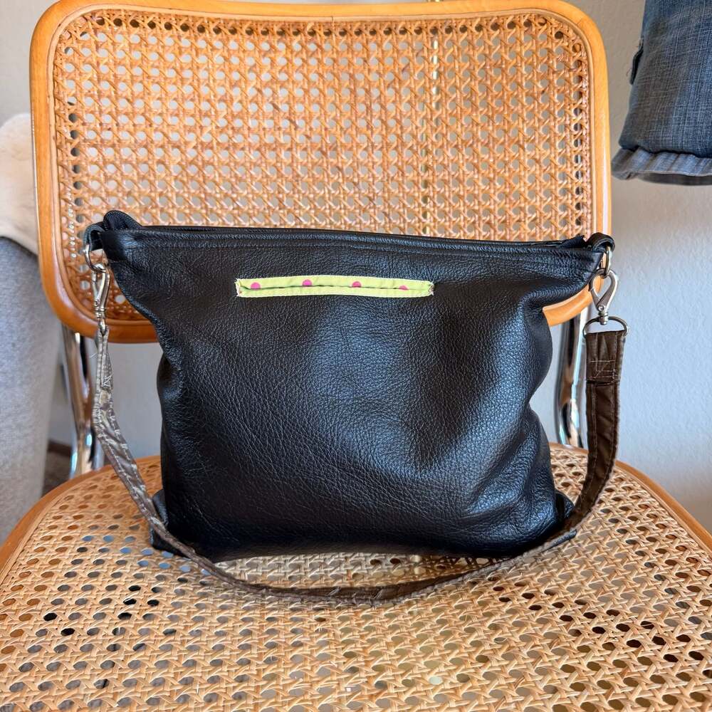 Cosmic Pony Handmade Black Leather Crossbody Bag with Polka Dot Interior